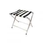 Suporte de malas para hotel em metal cromado, modelo dobrável de alta resistência com cintas de nylon e pés de proteção para o chão."