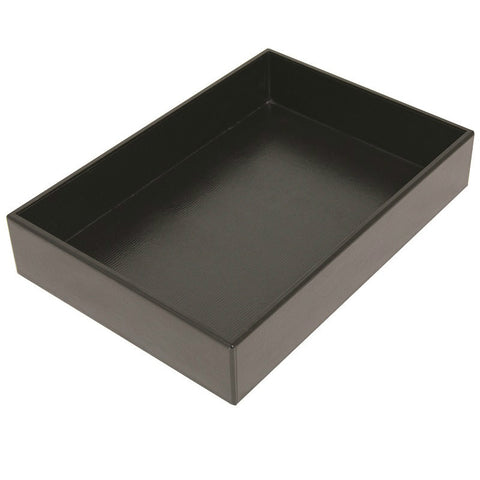Tabuleiro de cortesia para hotel quadrado em madeira lacada preta, ideal para organizar máquina de café, chaleira e acessórios de boas-vindas."