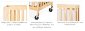Rodas de grandes dimensões sem marcação com sistema de bloqueio em berço de madeira para hotel" - Berço hoteleiro Travel Sleeper dobrado para otimização de espaço e arrumação eficiente"